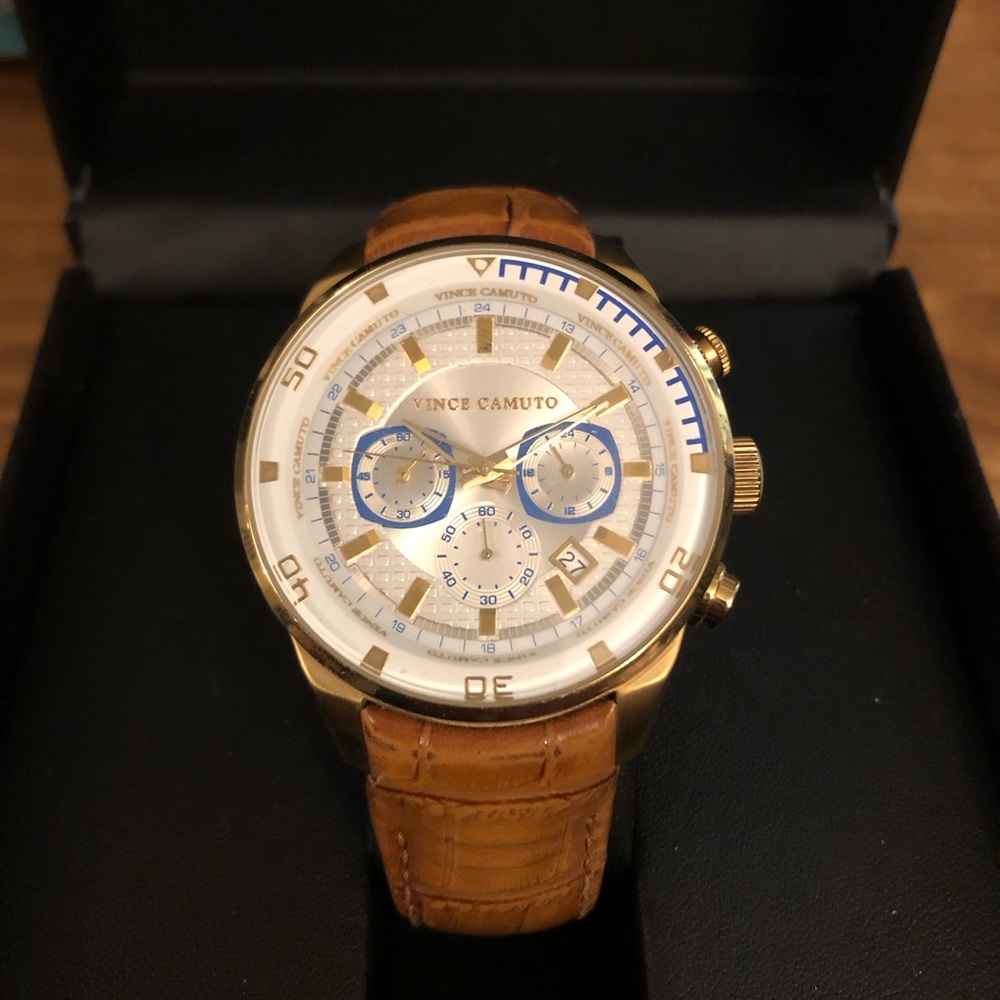 Vince Camuto VC/1043GP The Admiral Dress Chronograph Gold-Tone Brown Leather